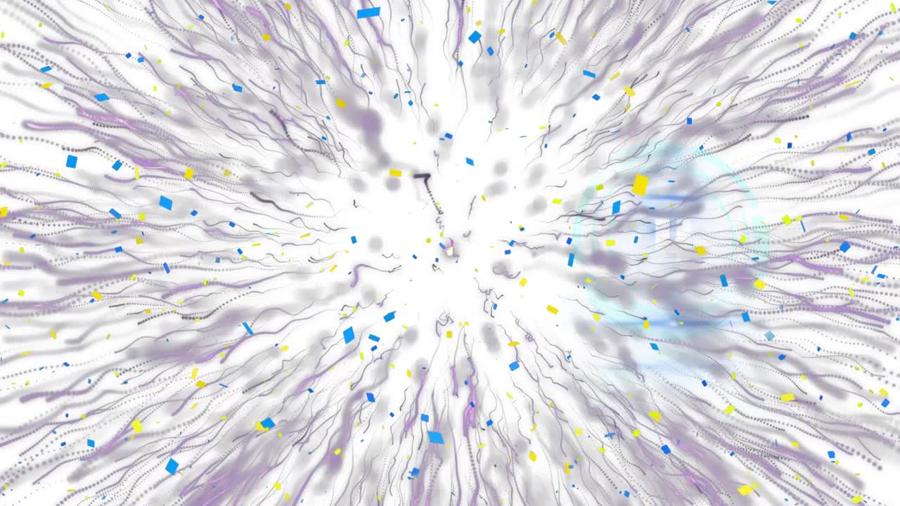animación de confeti colorido que cae sobre fuegos artificiales púrpuras sobre fondo blanco