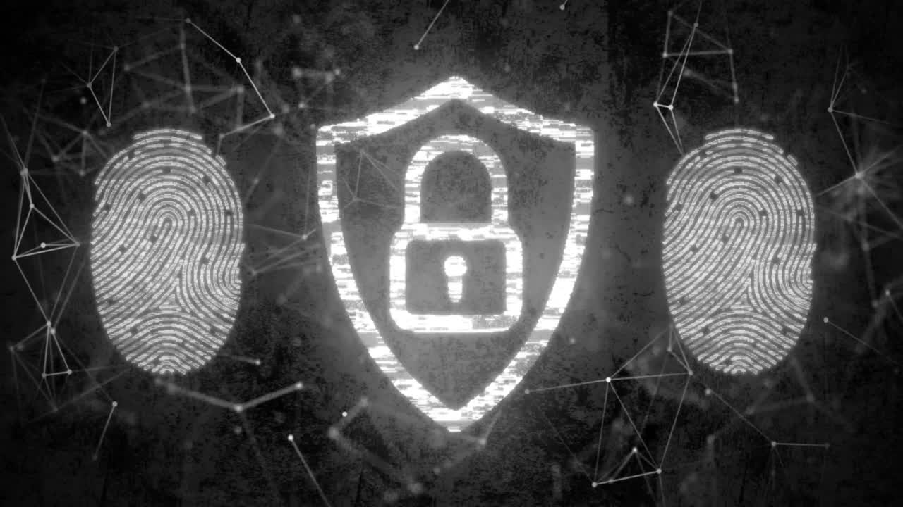 Animation of biometric fingerprint scanners and security padlock icon against black background