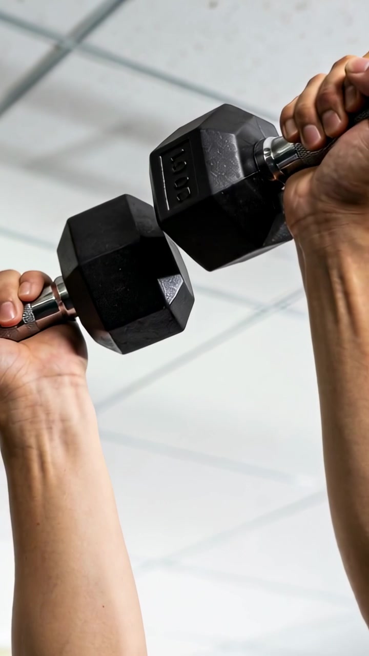 Vertical video: Starting at top, bare arms pressing and holding up in gym for power with dumbbells