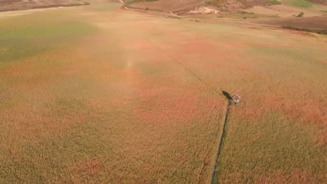 flight above colorful green and orange grassland in flat meadow towards sloping brown mountain hills, overhead aerial approach