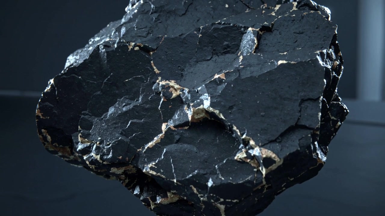 Rotating dark rock revealing fractured faces, texture for inspection on clamp in studio on play