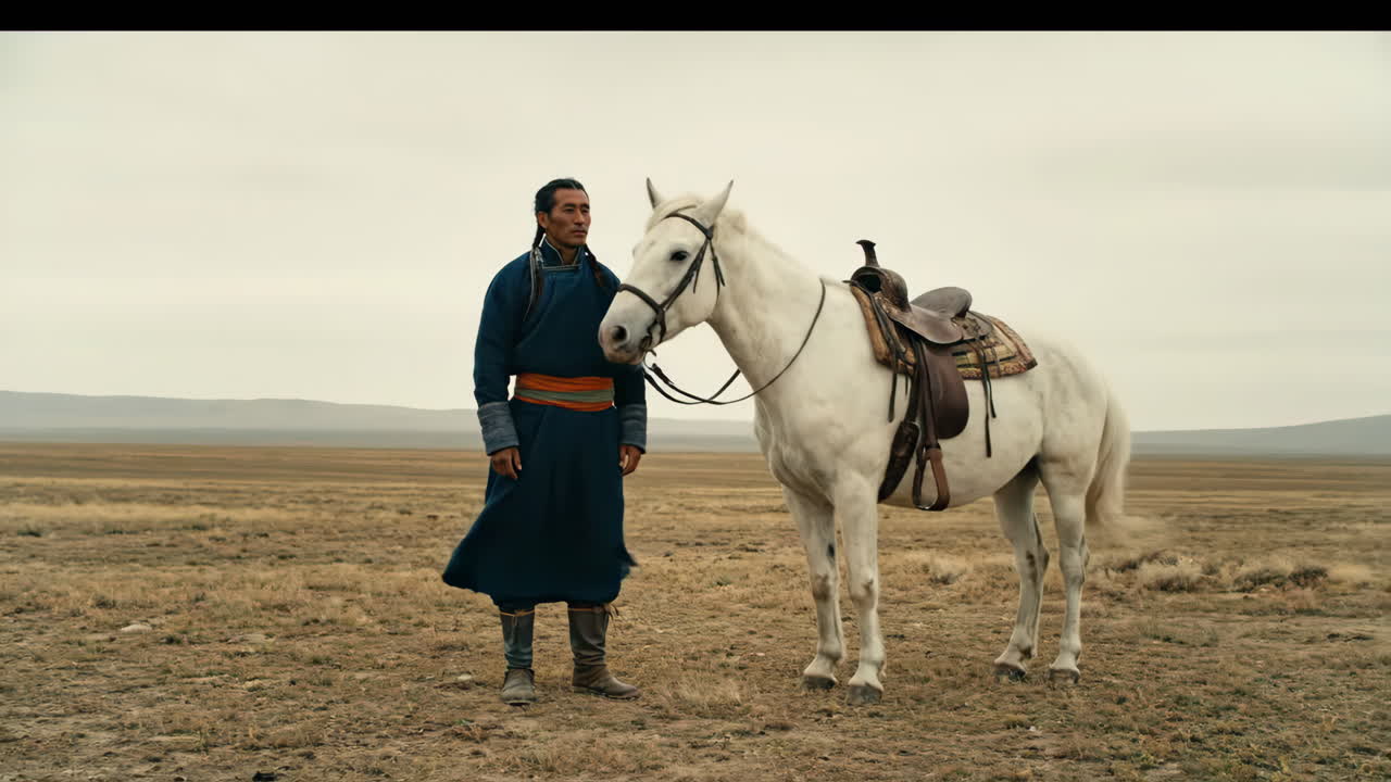 Mongolian man with horse in steppe landscape