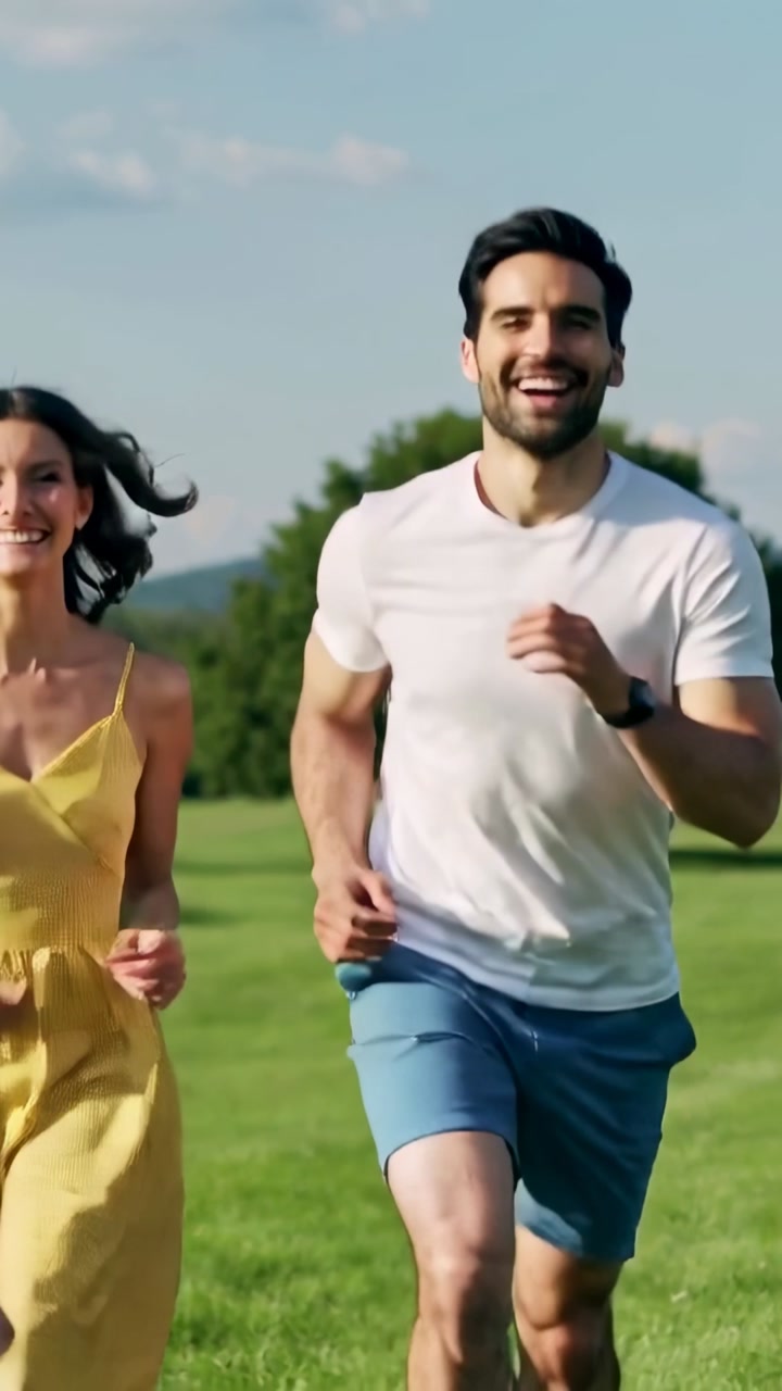 Vertical video: Starting couple running in park, wearing yellow sundress and white tee for exercise