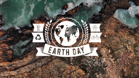 animation of earth day text and icons over landscape