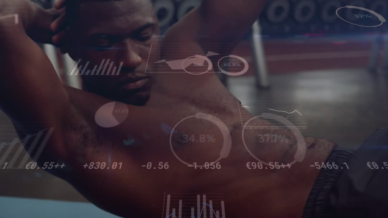 Male trainee lifting into crunch on blue mat in fitness gym, causing HUD charts tracking progress