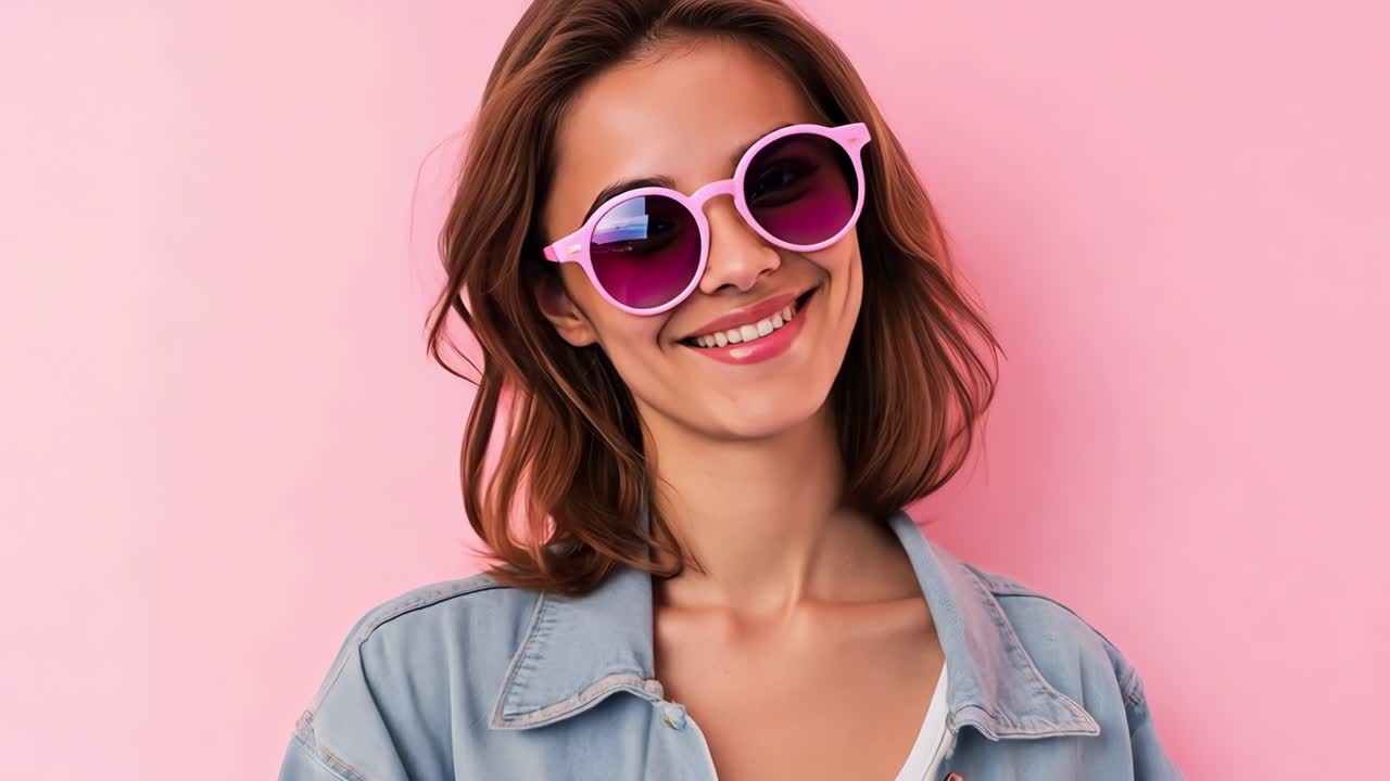 Trendy young woman wearing pink sunglasses and denim jacket smiling confidently, radiating vibrant positive energy against matching pink studio background