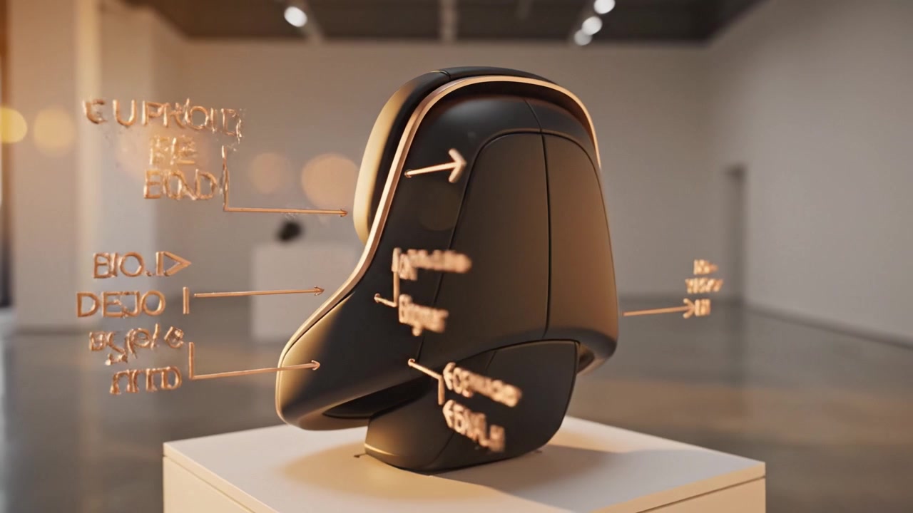 Innovativt stole design fremvist i et moderne udstillingsrum, der fremhæver funktioner og ergonomi med kunstnerisk præsentation og udsøgte detaljer.