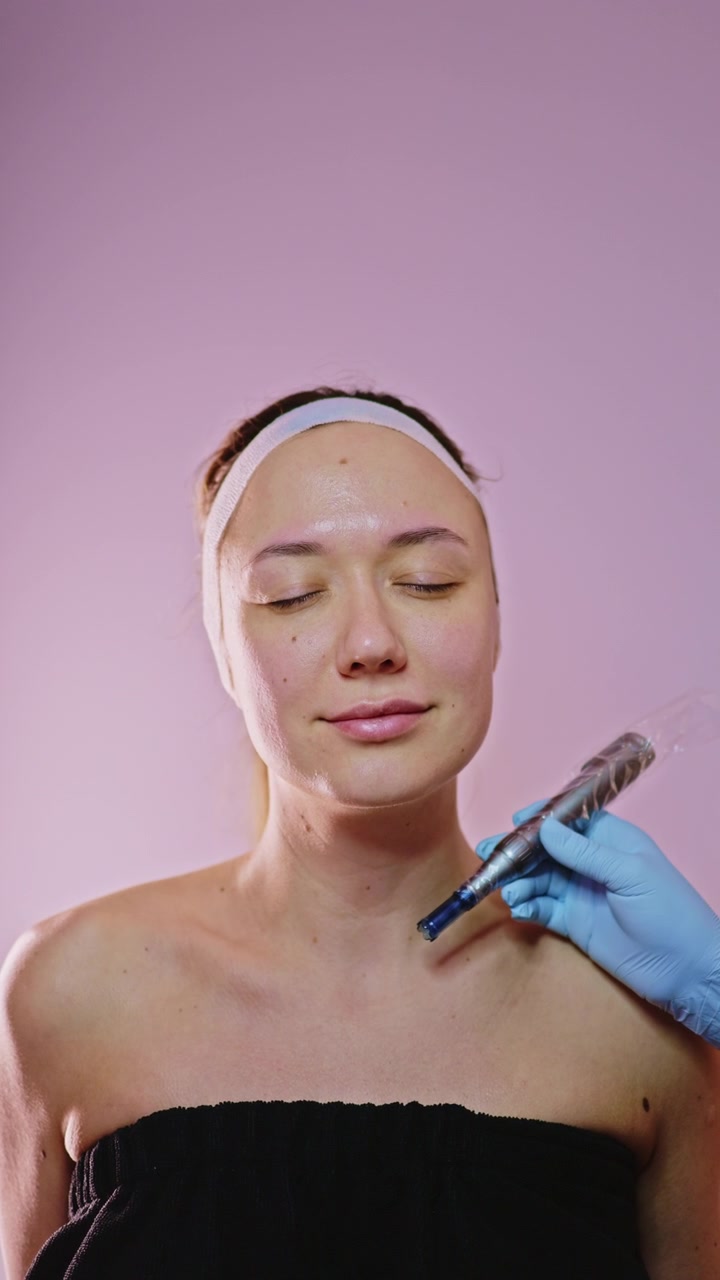 Una donna riceve un trattamento per la pelle in una clinica estetica con attenzione focalizzata sul viso e sulla parte superiore del corpo durante una sessione di bellezza in un ambiente pulito