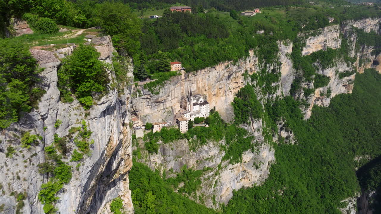 Aerial View Monte Baldo Rocky Cliff With Santuario Madonna della Corona In Spiazzi, Verona, Italy.