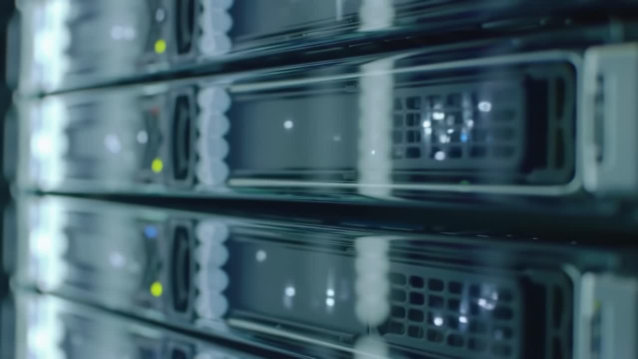 A Close-Up Perspective of an Advanced Data Storage Setup Featuring Multiple Server Units with LED Indicators and Sleek Design Elements in a High-Tech Environment