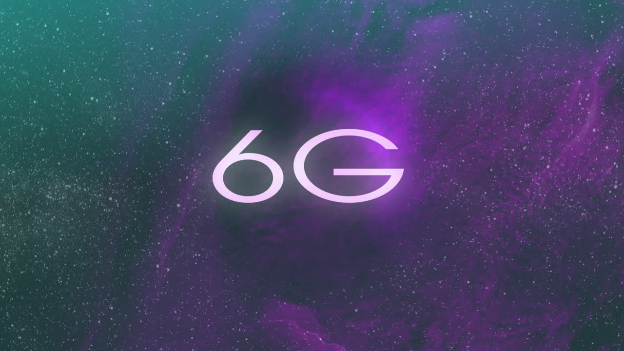 Animation of 6g text and data processing over connections on dark background