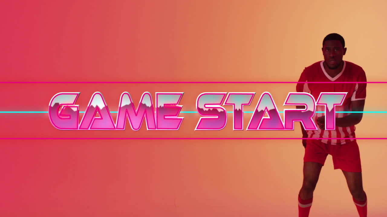 Game start text animation over athlete in red and white uniform