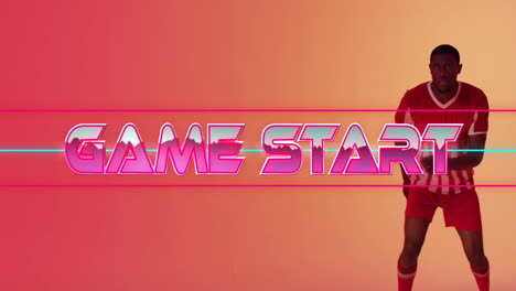 game start text animation over athlete in red and white uniform