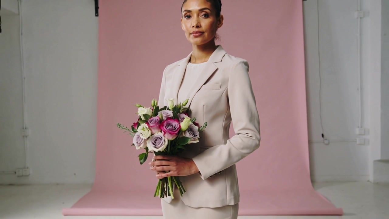 Sistemare il bouquet e la modella in studio con un blazer color crema, mentre la fotocamera si allontana per un ritratto