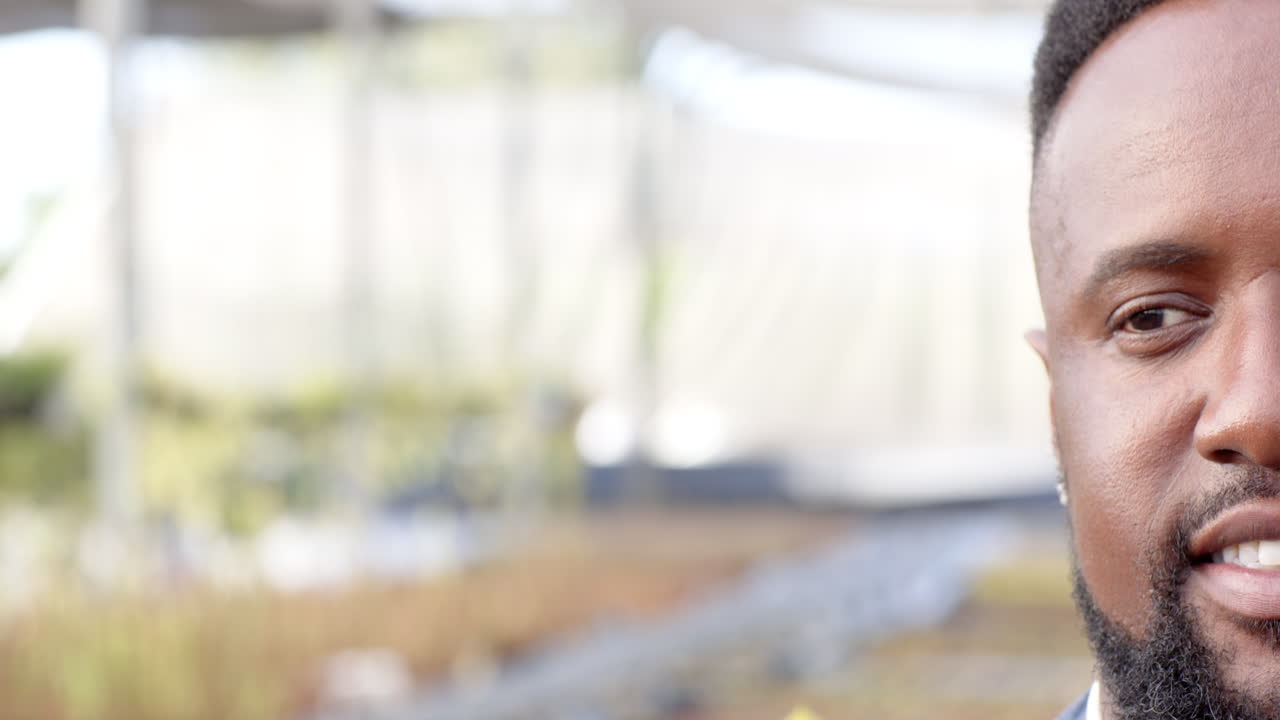 African american man smiling in plant nursery, nature and greenery, in greenhouse, copy space