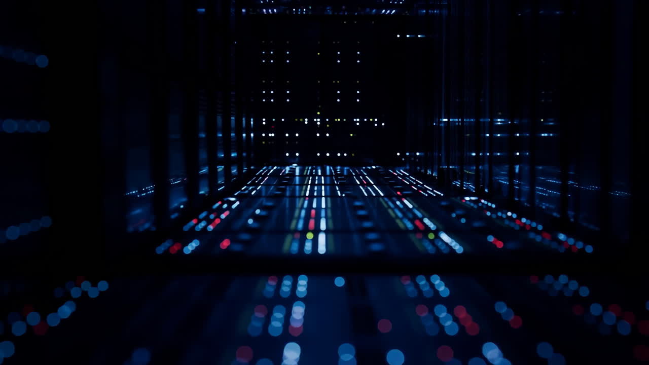 Dark Server Aisle With Pulsing Lights, Rows Of Racks Vanish Into Deep Perspective With Blinking LED