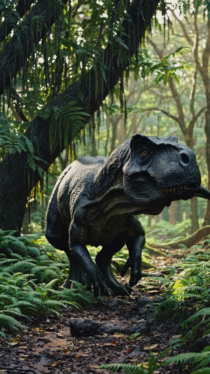 A realistic dinosaur in a lush jungle setting, captured from a low-angle, creating an immersive