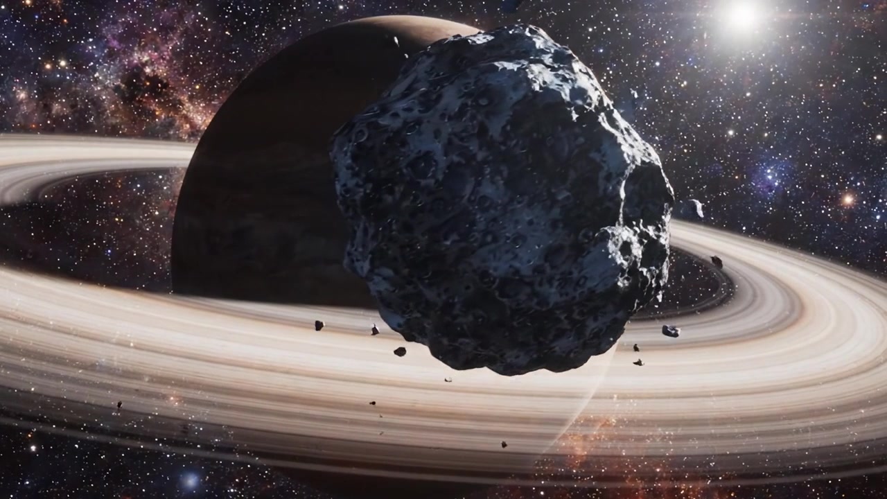 Una danza cosmica: l'interazione maestosa tra un asteroide misterioso e un pianeta anellato nelle profondità dello spazio, catturata con dettagli mozzafiato.