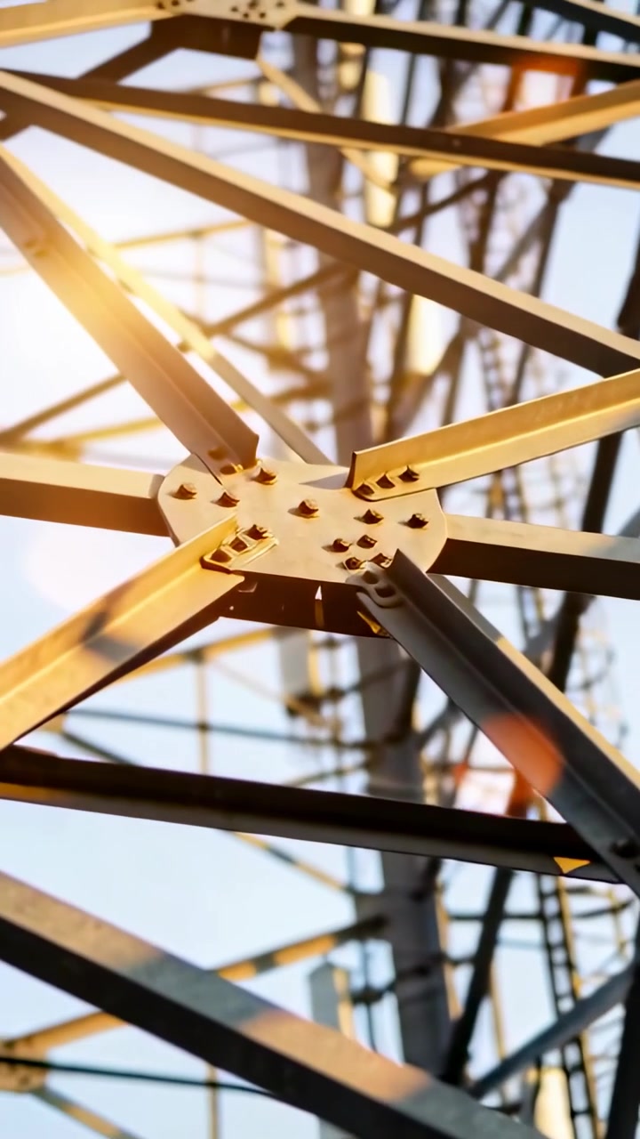 Vertical video: Pulling back camera revealing bolted gusset on steel tower, showing truss geometry