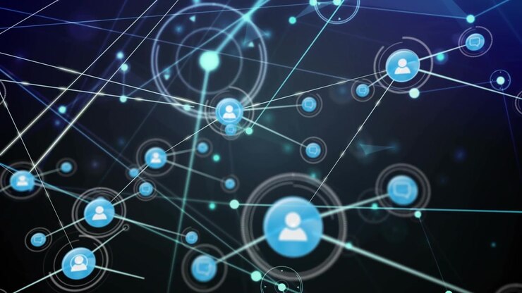 Animation of network of connections with icons on black background