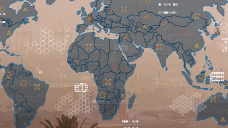 Animación-Del-Mapa-Mundial-Y-Procesamiento-De-Datos-Frente-A-La-Vista-Aérea-Del-Paisaje-Urbano