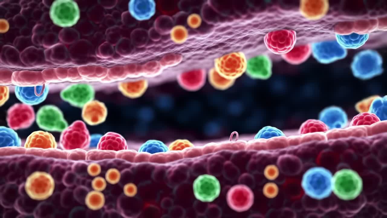 A Vibrant Visualization of Cellular Dynamics: Exploring Colorful Microorganisms Within a Tissue or Biological Structure