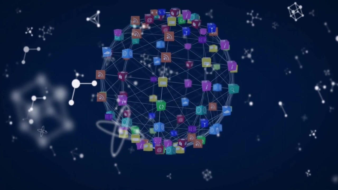 Scattered cubes shifting merging and folding into rotating cube sphere showing data connection