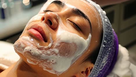woman receiving a professional foam facial treatment