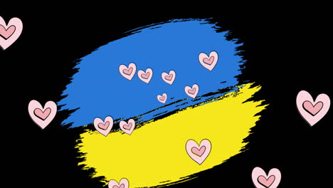 animación de corazones flotando sobre la bandera de ucrania en fondo negro