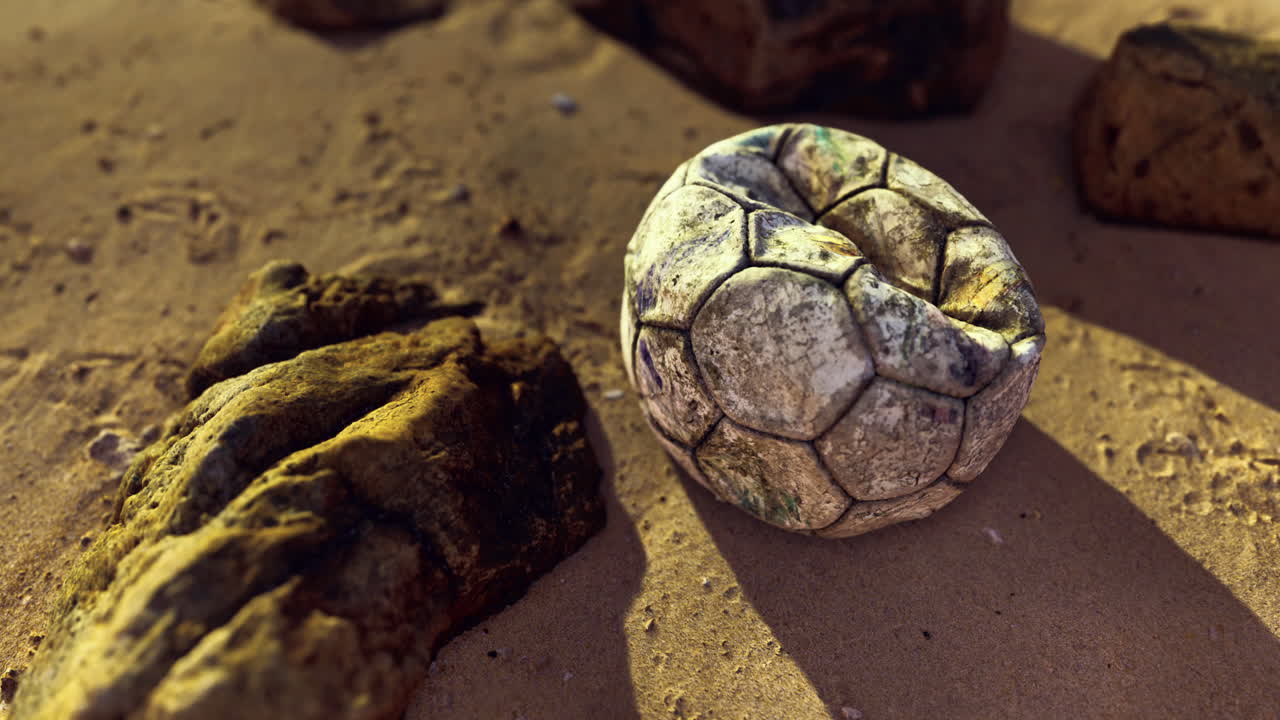 Weathered soccer ball among rocks on sandy beach in bright daylight