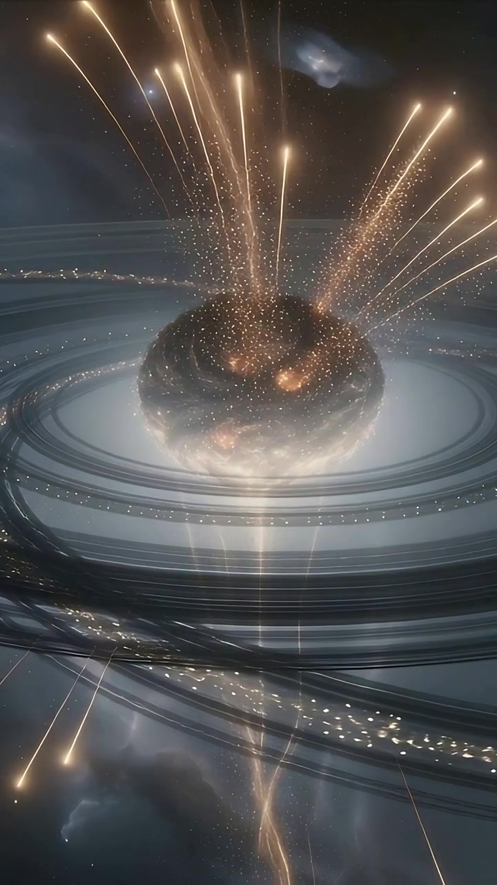 Vertical video: Erupting ringed torus sending beams and golden dust in space as beam piercing core