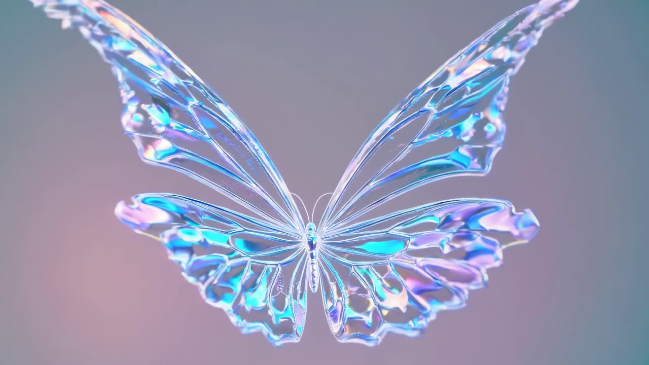 ソフトフォーカスの背景を持つ、半透明で虹色の蝶のクローズアップ動画