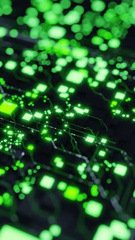 abstract digital circuit pattern with glowing green lights and dark background. 3d render of futuristic technology board. artificial intelligence and data processing concept, wallpaper. vertical