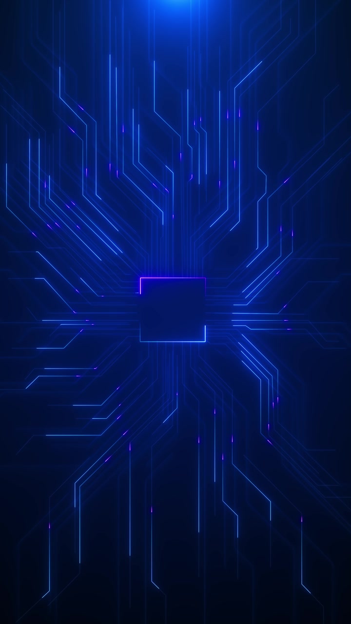 Futuristic blue processor line backdrop chip shape glowing circuitry violet highlights sleek digital
