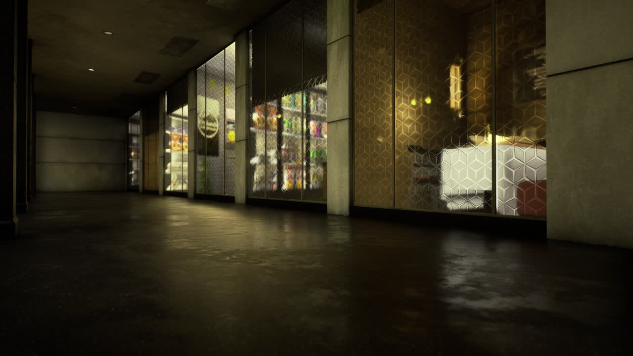 Walking through a dimly lit hallway in a modern urban building at night