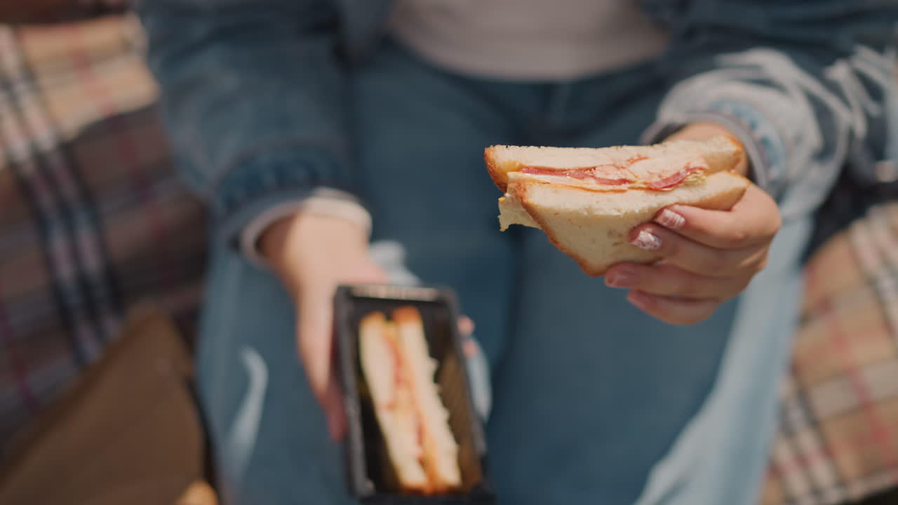 Casual meal during sunny day. Person in jeans sharing jammed toast outdoors on sunny afternoon. Relaxed individual dressed in denim offering layered jam toast to friend during outdoor lunch