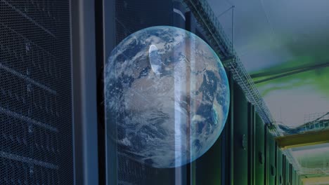 animation of globe moving over data server racks