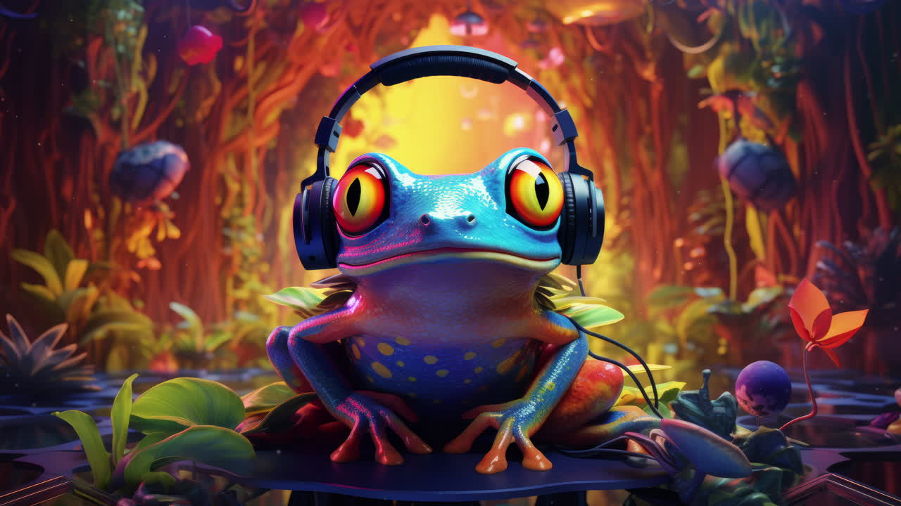 헤드폰을 착용한 개구리가 생성 ai로 만든 카메라를 보고 있습니다.