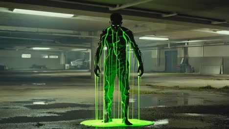 man with glowing green energy in a dark parking garage