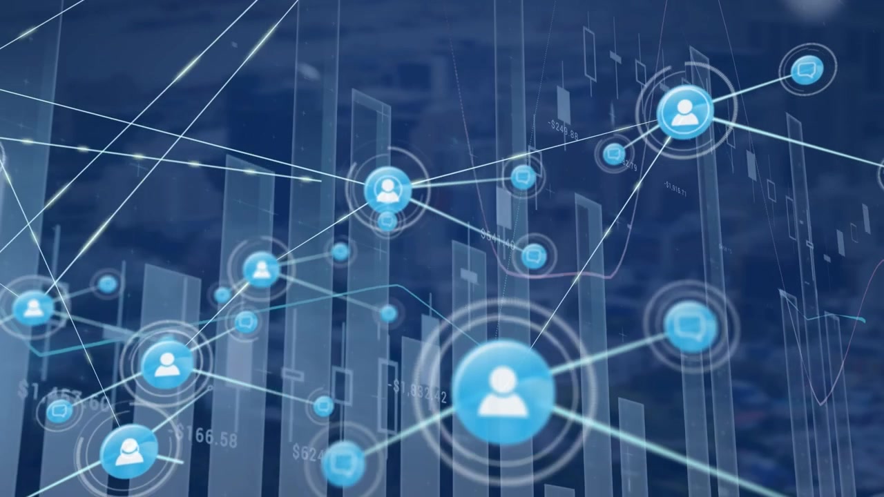 Animation of network of connections with digital icons statistics and data processing