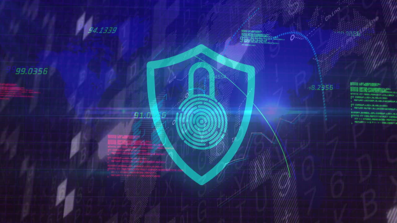Digital security shield with lock icon over data and binary code animation