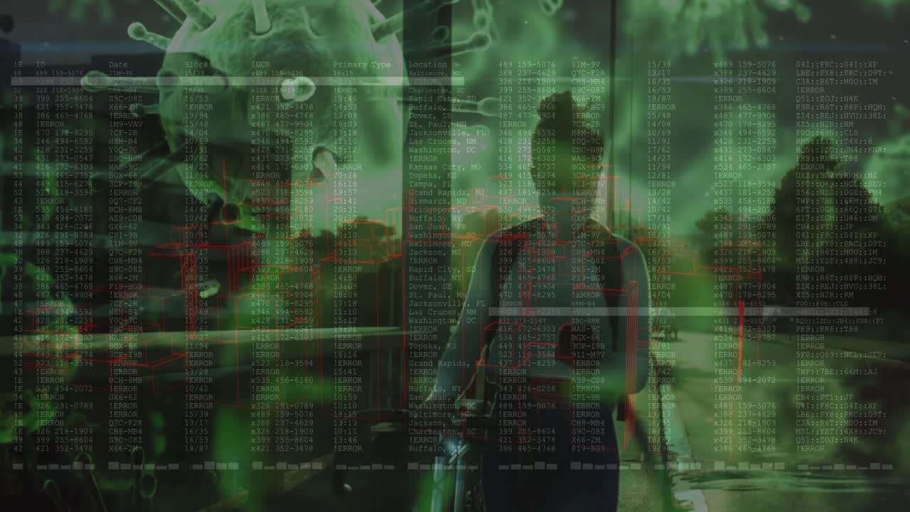 Mid adult woman walking bicycle, virus overlays and scrolling data revealing public health