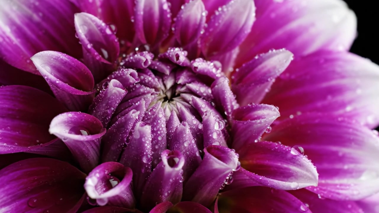Gros plan d'une fleur violette éclatante avec des gouttelettes d'eau, mettant en valeur des pétales complexes et une beauté naturelle en haute définition sur un fond sombre.