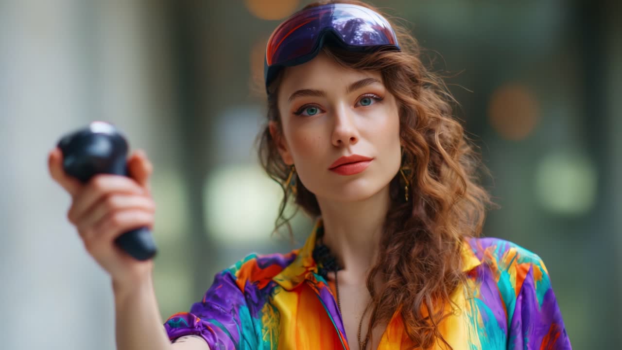 Una donna con una maglietta vivace e occhiali da sole colorati tiene in mano con sicurezza un dispositivo, catturando l'essenza di un'espressione alla moda e di una tendenza moderna nel mondo del fashion contemporaneo