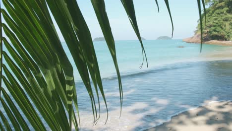 Blick-Durch-Palmenblätter-Auf-Einen-Unberührten-Weißen-Sandstrand-Mit-Inseln