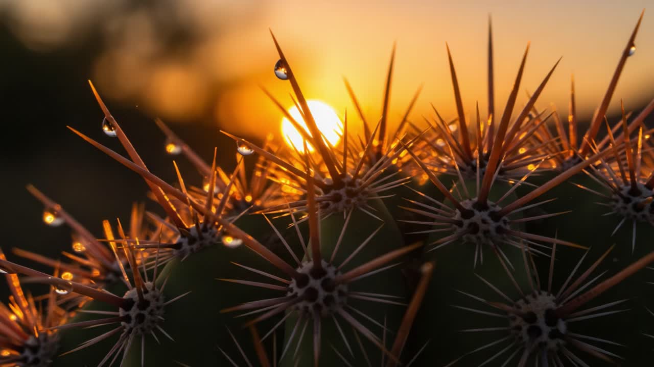 Close-up of a Stunning Cactus Battling the Sunlight at Dusk, Featuring Dewdrops on Its Thorny Spines, Capturing a Beautiful Natural Scene in Warm Tones