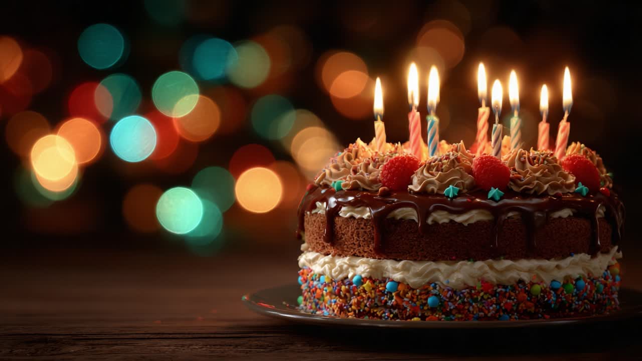 A beautifully decorated birthday cake featuring colorful sprinkles, luscious icing, and glowing candles, creating a festive atmosphere perfect for any celebration