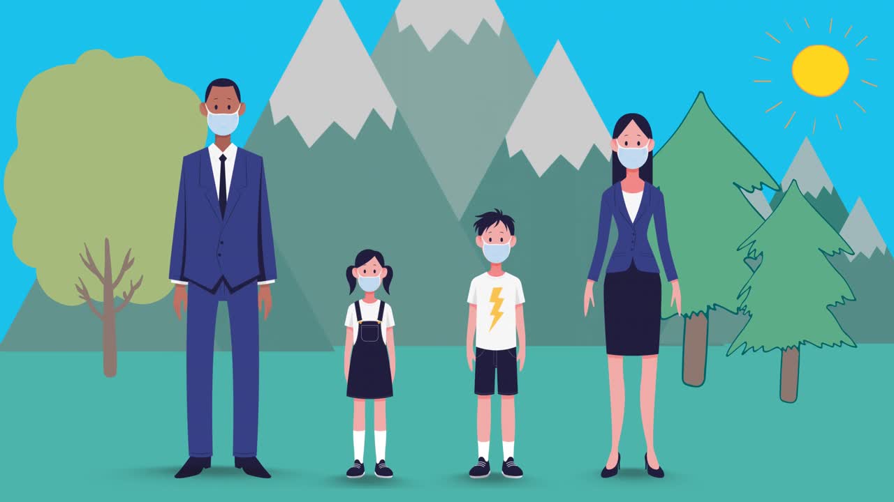 코로나바이러스 대유행으로 집에서 격리된 가족들이 마스크를 착용하고 있습니다.