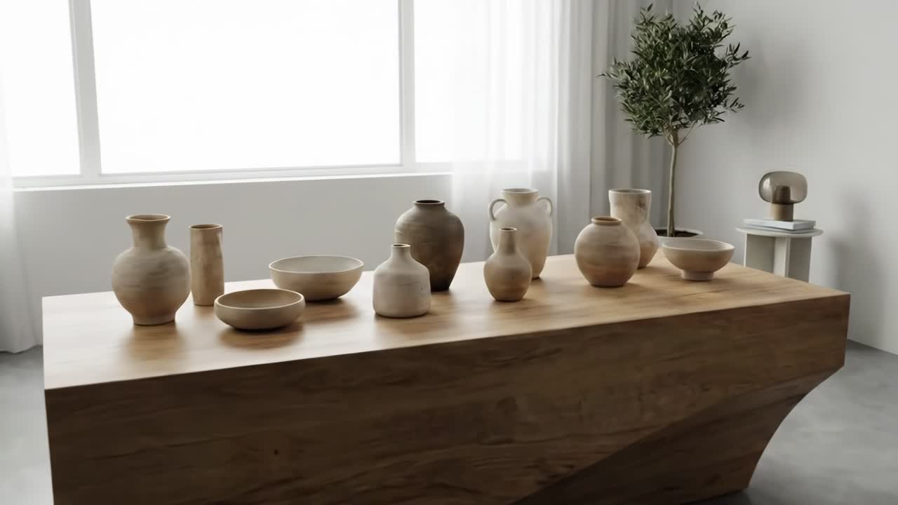 Allestimento moderno dello studio con ceramiche su tavolo di legno