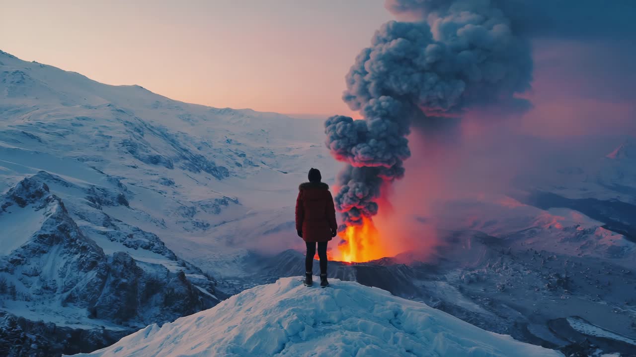 Person Watching a Volcanic Eruption in a Snowy Landscape